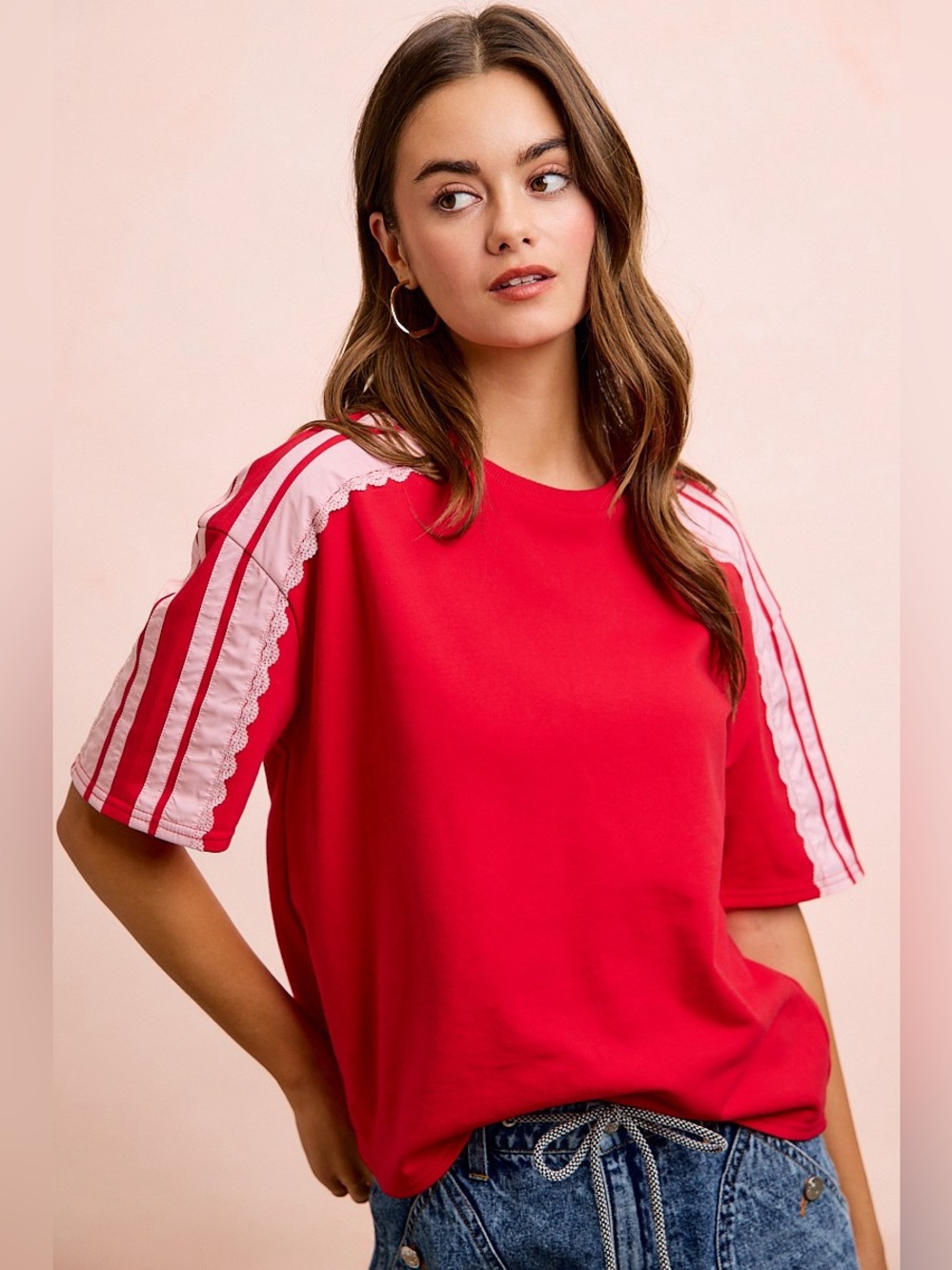 BiBi French Terry Side Lace Detail Short Sleeves Top - Picture 9 of 15